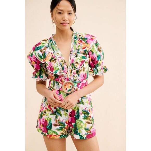 Farm Rio Women's Multicolor Floral Ruffle Belted V-Neck Romper Shorts Large NWOT - Picture 6 of 11